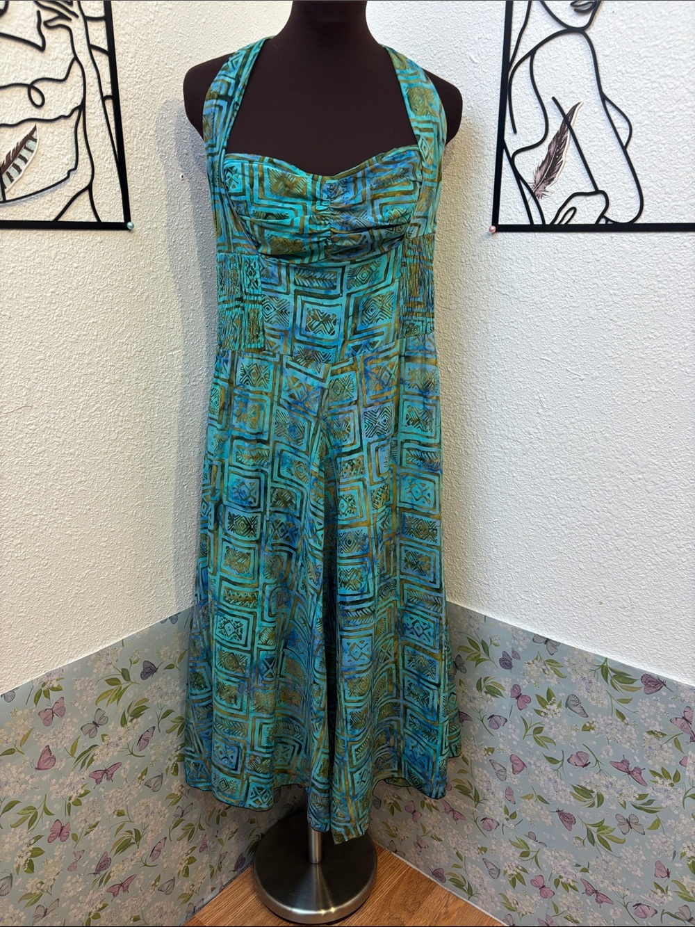 NWT Bali Batiks Turquoise & Olive Green Geo-Print Halter Summer Dress. Size M.
